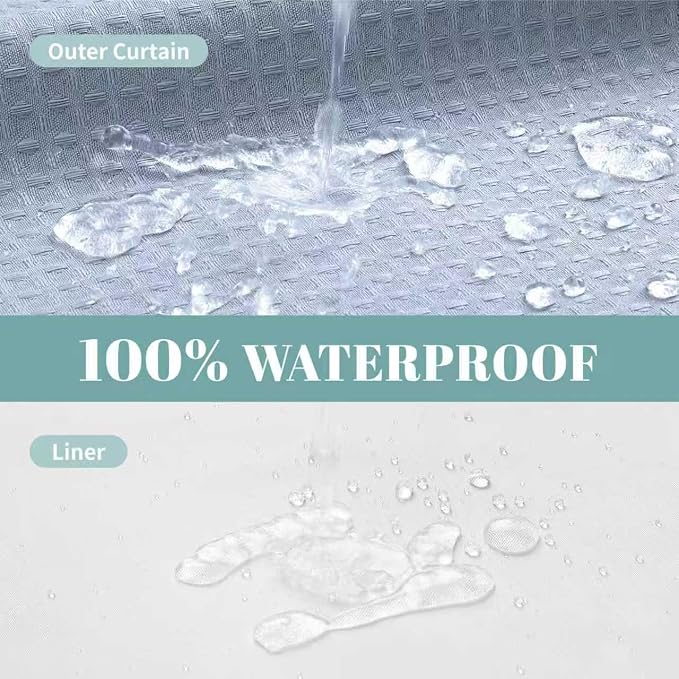 No Hook Waffle Shower Curtain with Snap-in Liner, 60x74 Inch, Frost Blue | 230GSM waffle weave fabric, waterproof liner set with 2 bottom magnets, mesh window, washable, for shower stalls or bathrooms