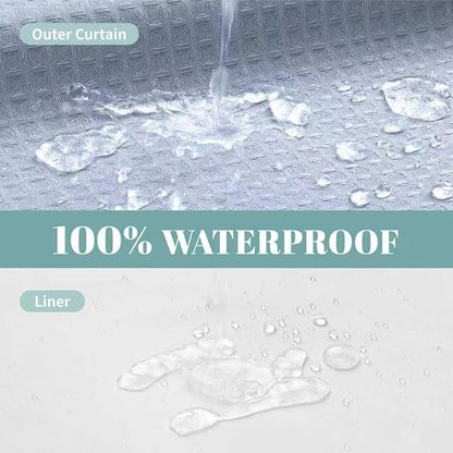 No Hook Waffle Shower Curtain with Snap-in Liner, 60x74 Inch, Frost Blue | 230GSM waffle weave fabric, waterproof liner set with 2 bottom magnets, mesh window, washable, for shower stalls or bathrooms