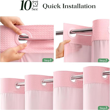 Pink Hook Free Waffle Shower Curtain & Snap-in Fabric Liner,72x75 | Less Time to install, 3 in 1 Fabric Shower Curtain and Liner Set with Magnets, Mesh Top Window, Shower Curtains for Bathroom