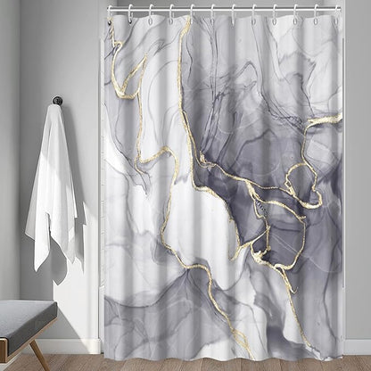 Grey Shower Curtain, Ombre Light Grey Marble Shower Curtain Set Modern Aesthetic Gray Ink Texture Waterproof Bathroom Curtain with Hooks, 72x84 Inch
