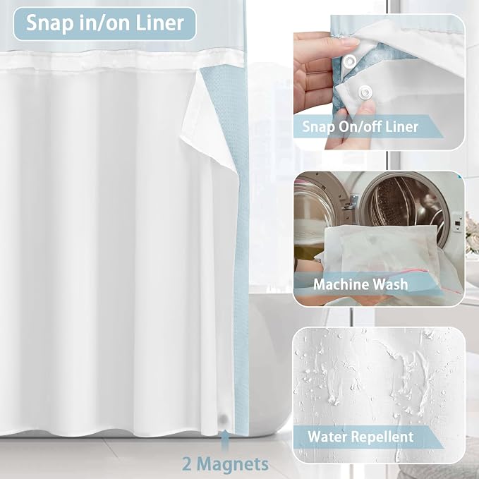 Aqua No Hook Shower Curtain and Liner Set,Hotel Waffle Shower Curtain with Liner 75" L x 72" W