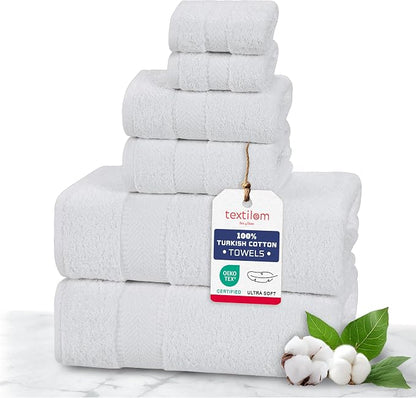 100% Turkish Cotton 6 Pcs Bath Towel Set, Luxury Bath Towels for Bathroom, Soft & Absorbent Bathroom Towels Set (2 Bathtowels, 2 Hand Towels, 2 Washcloths)- White