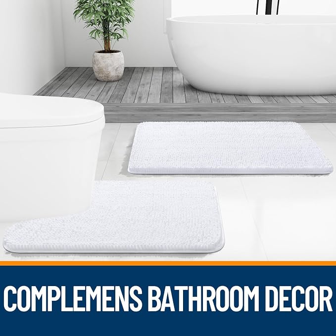 OLANLY Toilet Rugs U-Shaped 24x24, Soft Absorbent Chenille Contour Rugs | White, Quick-Drying Rubber Backing, Machine Washable Non-Slip Shaggy Bathroom Mat for Toilet, Home Decor Accessories