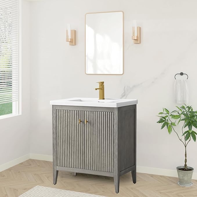 HOMEBEYOND 30" Bathroom Vanity with Ceramic Sink, Solid Wood Free-Standing Vanities Cabinet, Ceramic Top, Golden Brushed Handware & Soft Closing Door, Driftwood Gray