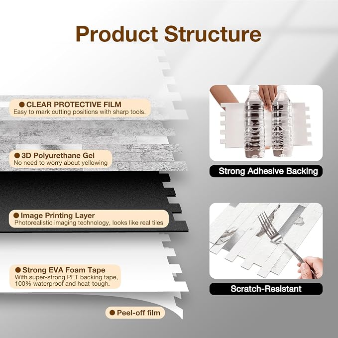 Peel and Stick Backsplash Tile Waterproof Removable PVC Wall Sticker 3D Faux Stone Marble Brick White Accent Panels (Matte Gray Stone - Metal Silver, 20 Tiles - 9 sq. ft. (0.84 M²))