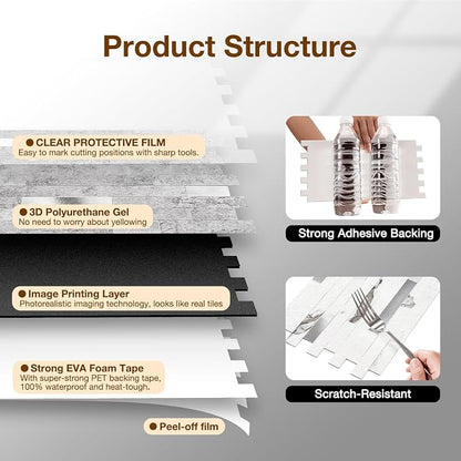Peel and Stick Backsplash Tile Waterproof Removable PVC Wall Sticker 3D Faux Stone Marble Brick White Accent Panels (Matte Gray Stone - Metal Silver, 20 Tiles - 9 sq. ft. (0.84 M²))