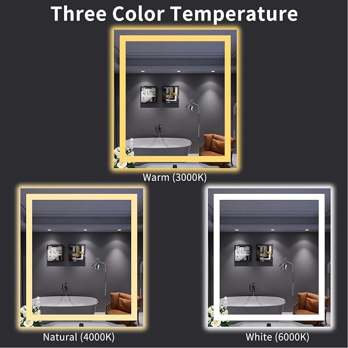 LOAAO 32"X36" LED Bathroom Mirror with Lights, UL Listed | Anti-Fog, Dimmable, 3 Color Temperature, Backlit + Front Lit, Memory Function, Tempered Glass