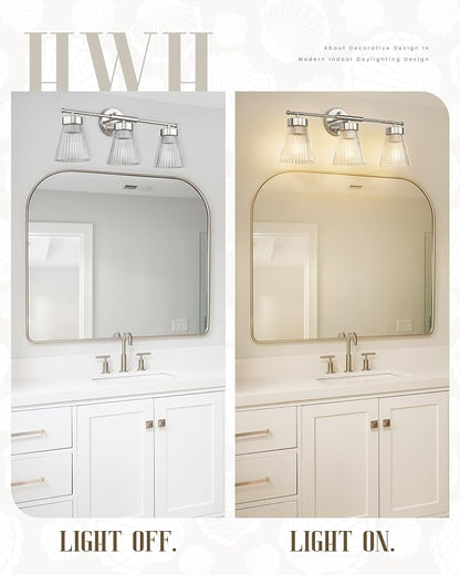 HWH INVESTMENT 3-Light Bathroom Vanity Light, Brushed Nickel, 5HZG97B-3W BN | 24.1-Inch Hardwired Wall Light with Clear Striped Glass; 3 E26 Bulbs, Max 60W Each; Bulbs Not Included