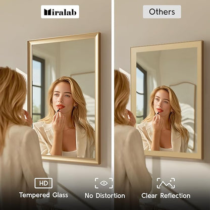 Gold Bathroom Mirror 24x36 Inch, Rectangle Vanity Mirror | Brushed Champagne Gold Mirror for Wall, Bedroom, Entryway, Living Room, Aluminum Framed, Curved Wide Edge