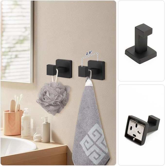NearMoon 5 Pieces Bathroom Hardware Set 304 Stainless Steel, Square Towel Rack Kit - 24" Towel Rod + Towel Ring + Toilet Paper Holder + 2 Robe Hooks, Wall Mounted Bath Accessories (Matte Black)