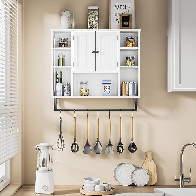 31.5'' White Bathroom Wall Cabinet - Medicine Cabinet with Adjustable Shelves & Doors, Over The Toilet Storage for Bathroom, Wall Mounted Organizer for Laundry Room Kitchen Living Room