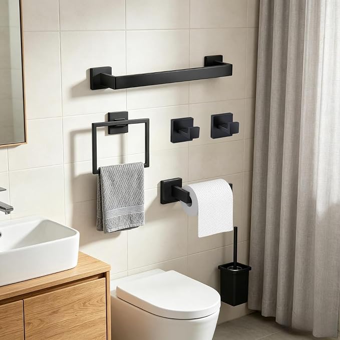 5-Piece Matte Black Bathroom Accessories Towel Bar Set Wall Mounted | 15.7-Inch Towel Racks,Stainless Steel,Bathroom Organizer and Storage,Waterproof Towel Hanger for Rentals,Apparment Essentials