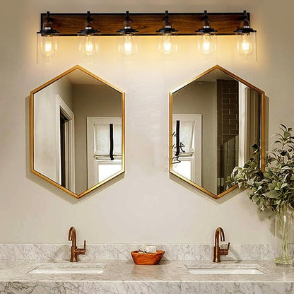 6-Light Farmhouse Bathroom Light Fixtures Vintage Bathroom Vanity Lights Over Mirror Black and Wood Painted Metal Vanity Light for Bathroom with Glass Shades E26 Socket