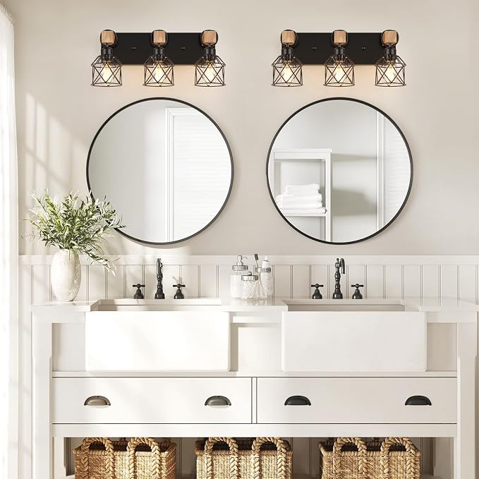FadimiKoo 3-Light Bathroom Vanity Lights, Farmhouse Bathroom Light Fixtures | Rustic Wood & Black Metal Shade, Wood Bathroom Lighting Fixtures Over Mirror, Wall Sconces for Bathroom Bedroom Living Room