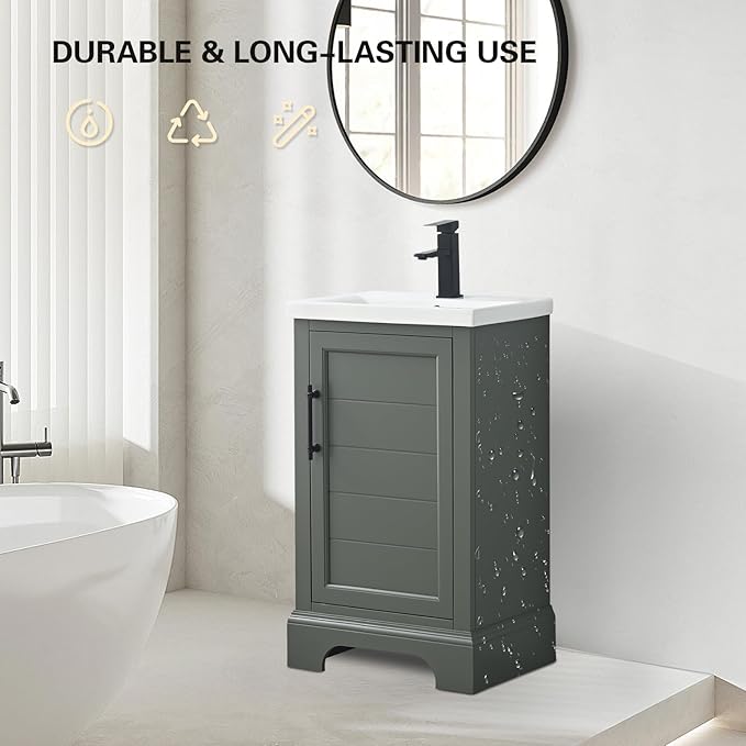 HOMEBEYOND 20 Inch Bathroom Vanity with Single Sink & Ceramic Top, Vanity Cabinet with Center Countertop Basin, Soft-Closing Doors, Vintage Green