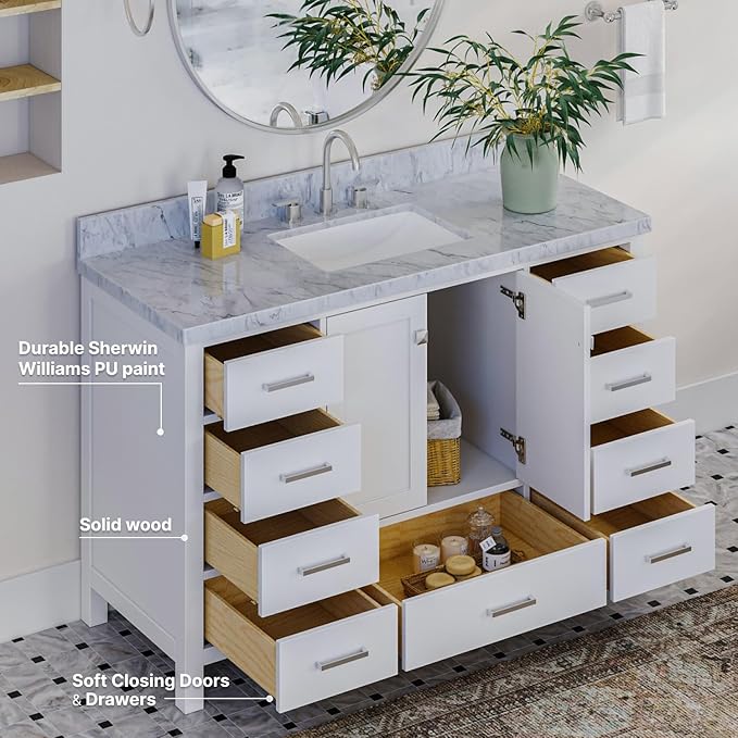 ARIEL Cambridge 54-inch Bathroom Vanity with Sink,Solid Wood, 1.5-inch Italian Carrara Marble Countertop, Single Rectangular Porcelain Sink, 2 Soft Closing Doors, 9 Dovetail Drawers, White