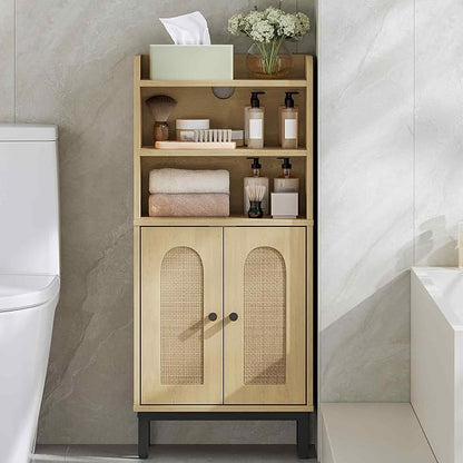 Hzuaneri Bathroom Storage Cabinet, Small Floor Cabinet with 2 Door | Toilet Paper Cabinets, Bathroom Organizer with Adjustable Shelf,for Small Spaces,Rattan Yellow,Arch Door,7.1" Dx14.6 Wx32.7 H