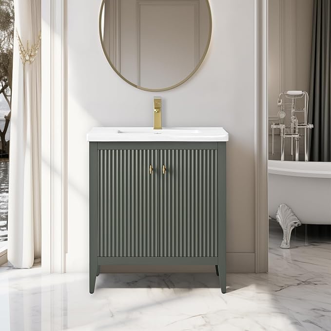 Vanity Art 30 inch Bathroom Vanity with Single Sink & Ceramic Top, Vanity Cabinet with Soft-Closing Door, Solid Wood Frame, Linear Pattern, Vintage Green, Golden Brushed Handware VA9130-VG-GB