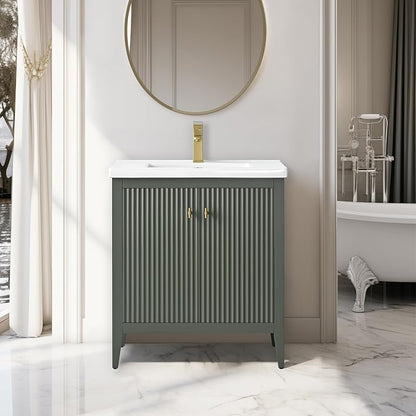 Vanity Art 30 inch Bathroom Vanity with Single Sink & Ceramic Top, Vanity Cabinet with Soft-Closing Door, Solid Wood Frame, Linear Pattern, Vintage Green, Golden Brushed Handware VA9130-VG-GB