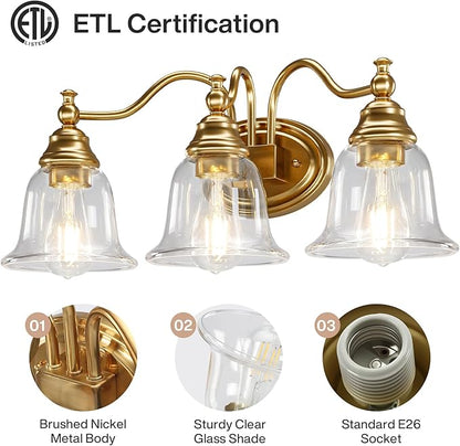 Tribesigns 3-Light Bathroom Light Fixtures, Modern Vanity Light with Clear Glass Shade, Bathroom Wall Lamp for Mirror Living Room Kitchen Hallway Porch, E26 Base, Bulbs Not Included (Gold)