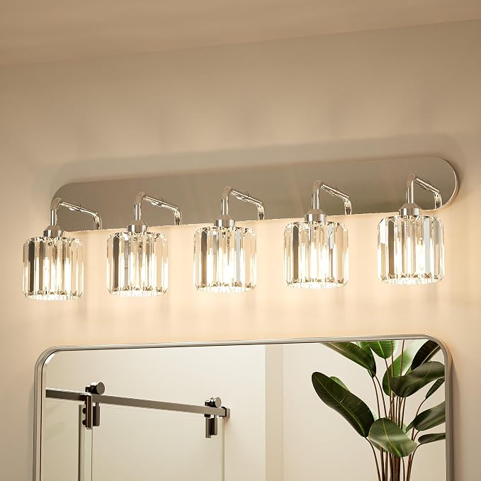 Keonjinn 5-Light Crystal Bathroom Light Fixtures Over Mirror, Chrome | Vanity Lighting Fixture with Square Shades, Dimmable, Modern Style, Compatible with E26 Base LED Bulbs (Blub Not Included)