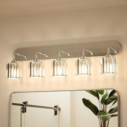 Keonjinn 5-Light Crystal Bathroom Light Fixtures Over Mirror, Chrome | Vanity Lighting Fixture with Square Shades, Dimmable, Modern Style, Compatible with E26 Base LED Bulbs (Blub Not Included)