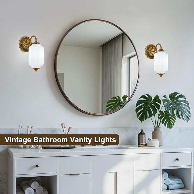 Milk Glass Sconce Vintage Vanity Sconces Brass, Bulb Included | Milk Glass Art Deco Antique Wall Sconce Wall Light for Bedroom Bathroom Living Room Entryway, Retro Gold and White 1 Pack