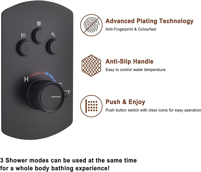 MONDAWE 12 Inch Ceiling Mounted Black Shower System, Dual Rainfall Shower Head & High Pressure Handheld Spray Combo, 3-Function Luxury Shower Faucet Set for Bathroom, All Functions Work Simultaneously