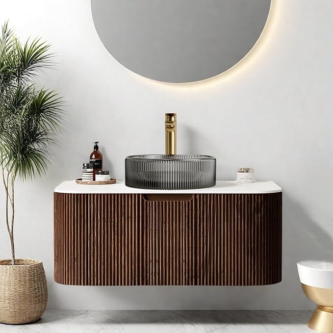 36" Floating Bathroom Vanity with Sink, Wall-Mount Modern Bathroom Cabinet with Transparent Black Glass Basin and Marble Top, Soft-Close Large Storage Drawer, Pre-Assembled, Dark Walnut