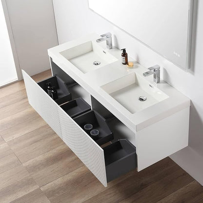 Blossom 60 Inch Double Sink Bathroom Vanity, All Wood Wall Mounted Floating Bathroom Vanity Cabinet with Acrylic Sink, Bathroom Sink Cabinet with Soft-Close Drawers, Modern Vanities, Matte White