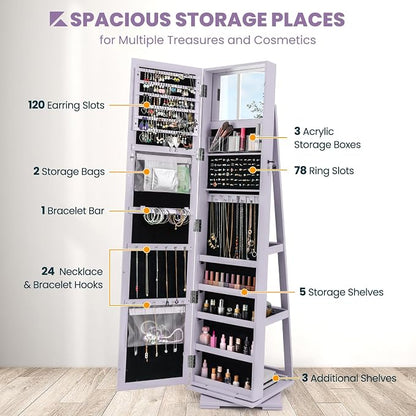 COSTWAY 360 Rotating Jewelry Armoire Cabinet, Standing Jewelry Organizer w/Full-Length Mirror & Large Storage Space, Lockable Mirror Jewelry Cabinet for Girls Women (Lavender)