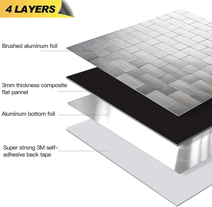 Yipscazo 10-Sheets Peel and Stick Backsplashes for Kitchen, Stick on Backsplash Stainless Steel Metal Tiles for Kitchen Walls, Stainless Steel Backsplash for Range Hood Wall Shield (12''x12'')