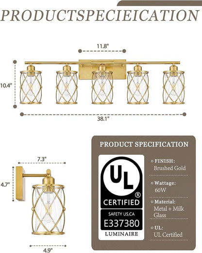 5-Light Brushed Gold Bathroom Light Fixtures Over Mirror, 38" UL-Listed Modern Wall Sconce Lights with Clear Glass and Metal Cage for Bath, Hardwire E26, CH9176BG-5W
