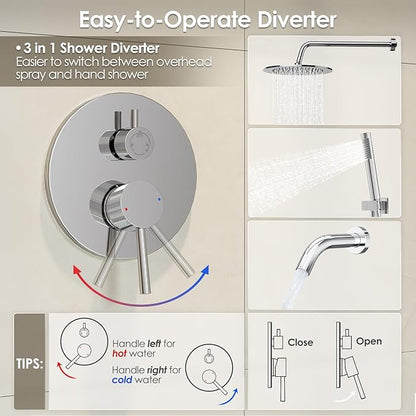 Gabrylly Shower System with Tub Spout, Bathtub Shower Faucets Set with 3-Way Shower Valve, High Pressure 10" Rain Shower head with Handheld Spray Combo, Wall Mounted Rainfall Shower Head Set, Chrome