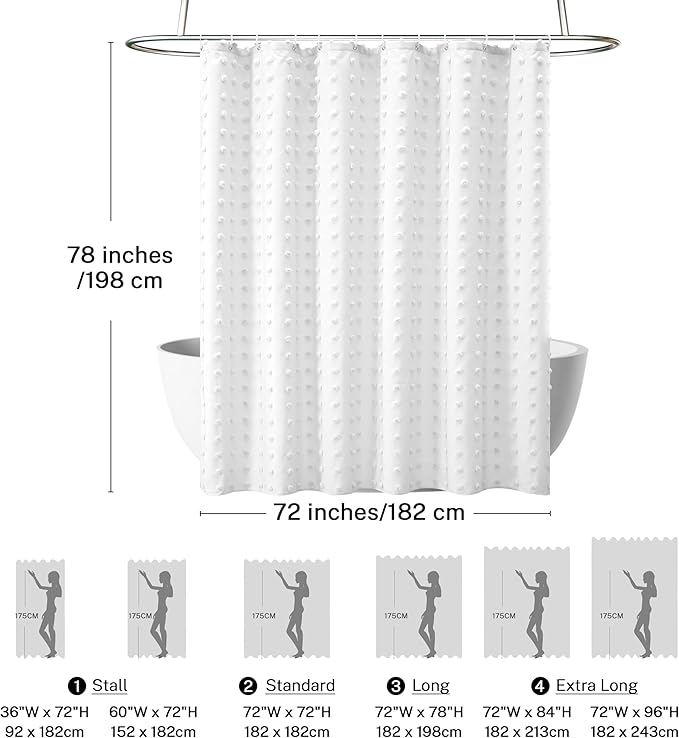 Extra Long Boho Farmhouse Shower Curtain Woven Fabric White Shower Curtain, 72 x 78 Tufted Pleat Floral Puffs Textured Modern Farmhouse Minimalist Shower Curtain Set with Hooks for Bathroom