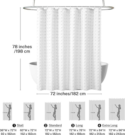 Extra Long Boho Farmhouse Shower Curtain Woven Fabric White Shower Curtain, 72 x 78 Tufted Pleat Floral Puffs Textured Modern Farmhouse Minimalist Shower Curtain Set with Hooks for Bathroom
