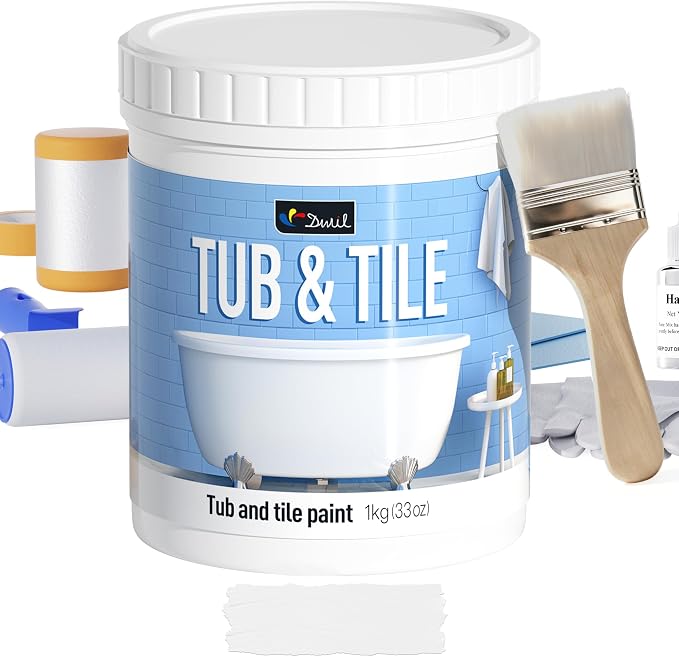 DWIL Tub Paint, Tub and Tile Refinishing Kit 33oz with Tools, Tile Refinishing Kit White Bathtub Paint Water Based &Low Odor, Easy to Use Sink for Bathroom Kitchen, Semi-Gloss White, 50-55sq.ft