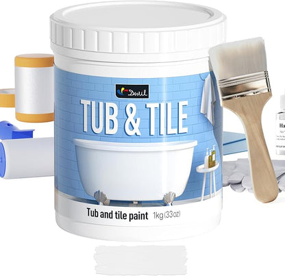 DWIL Tub Paint, Tub and Tile Refinishing Kit 33oz with Tools, Tile Refinishing Kit White Bathtub Paint Water Based &Low Odor, Easy to Use Sink for Bathroom Kitchen, Semi-Gloss White, 50-55sq.ft