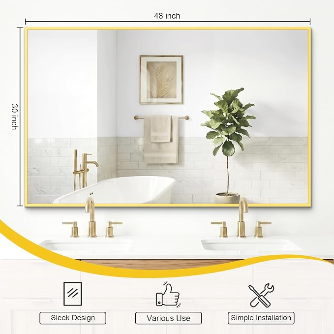 Bathroom Mirror for Wall, 48"x30" Gold Vanity Mirror | Sturdy Rectangular Metal Frame, HD Tempered Glass, Hangs Horizontally or Vertically in Bedroom, Living Room, Entryway