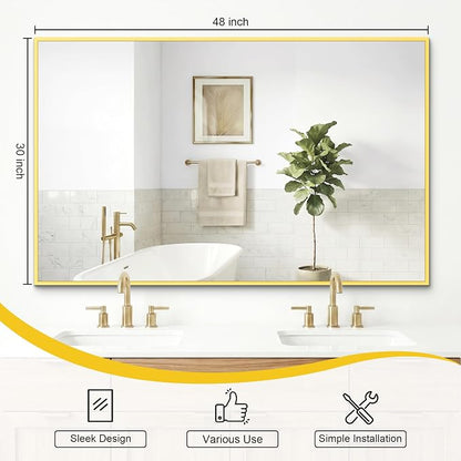 Bathroom Mirror for Wall, 48"x30" Gold Vanity Mirror | Sturdy Rectangular Metal Frame, HD Tempered Glass, Hangs Horizontally or Vertically in Bedroom, Living Room, Entryway