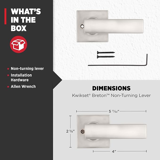 Kwikset Breton Dummy Door Handle, Single Sided Lever for Closets, French Double Doors, and Pantry, Satin Nickel Non-Turning Reversible Interior Push/Pull Lever, with Microban Protection