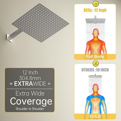 12 Inch Rainfall Shower System Rain Shower Head Combo Shower Faucet Fixture | Shower Head and Handle Set Wall Mounted Shower Mixer Kit Valve Nickel
