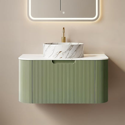 Yayzy 30" Floating Bathroom Vanity with Sink, Solid Wood Fluted Cabinet, White Marble-Patterned Ceramic Basin & Faux Marble Top, Soft-Close Drawer, Pre-Assembled, Light Green