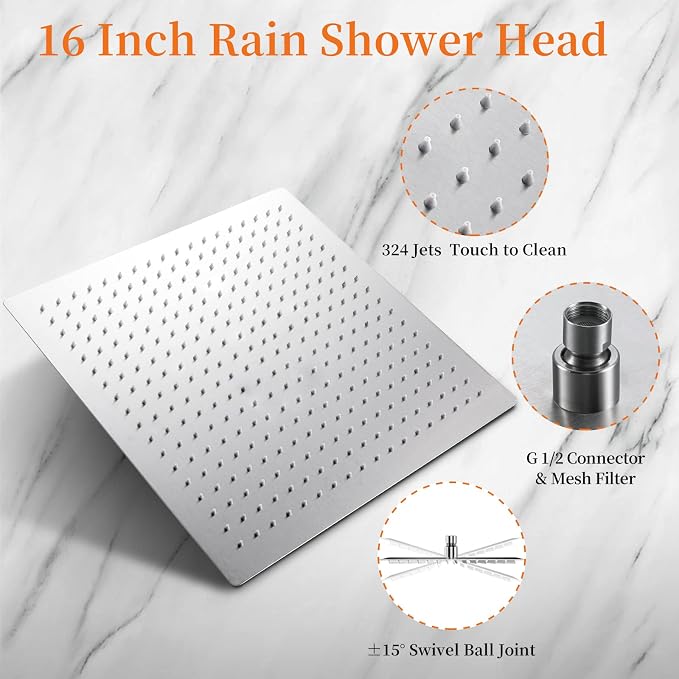 16 Inch Square Rain Shower Head | 304 Stainless Steel, 324 Jets, Ultra Thin High Pressure Bathroom Rainfall Showerhead, Brushed Nickel