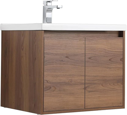 Blossom 24 Inch Wall Mounted Bathroom Vanity with Sink | Floating Wood Vanity Cabinet | Modern Soft-Close Doors & Storage | Ceramic Basin | Space-Saving Design (Brown Walnut, 24'' Ceramic Sink)