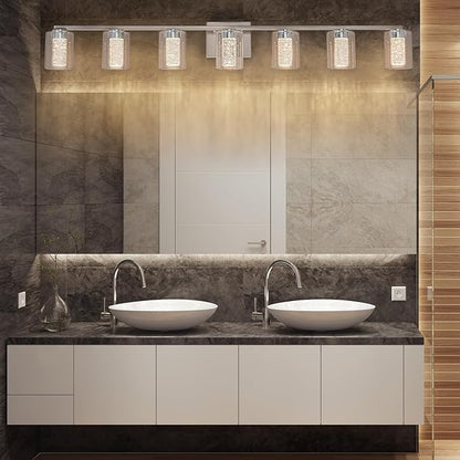 SineRise 7-Light Brushed Nickel Vanity With 3 Color Modes (3000K/4000K/6000K), Eye Protection LED Bathroom Fixture, Dimmable Modern Wall Light Over Mirror With Clear Glass Shade