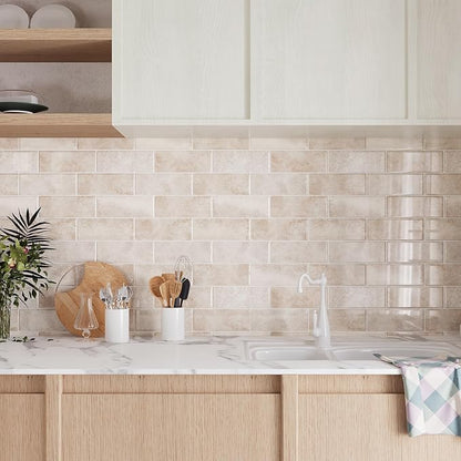 VEELIKE Beige Peel and Stick Subway Tile Backsplash Waterproof Stick on Backsplash Tiles for Kitchen 12 Sheets 12''x12'' Self Adhesive Renter Friendly Beige Wall Tile Sticker for Bathroom Laundry Room