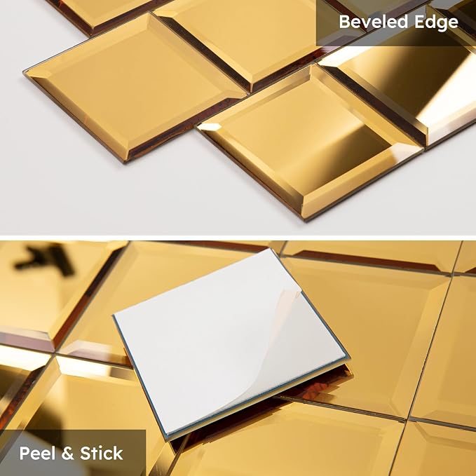 Peel and Stick Mirror Backsplash, Gold, 3x3 Inch, Beveled Mirror Square Kitchen Bar Wall Tile (2 Sq.ft, 32 Pcs)