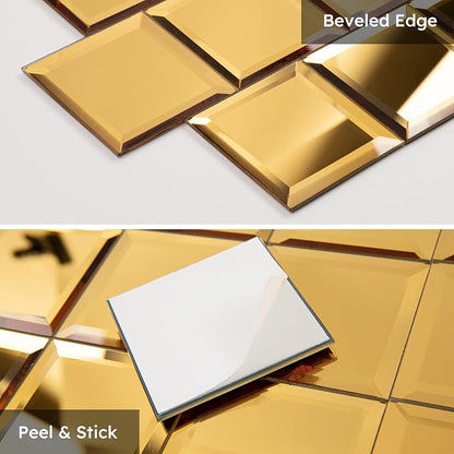 Peel and Stick Mirror Backsplash, Gold, 3x3 Inch, Beveled Mirror Square Kitchen Bar Wall Tile (2 Sq.ft, 32 Pcs)