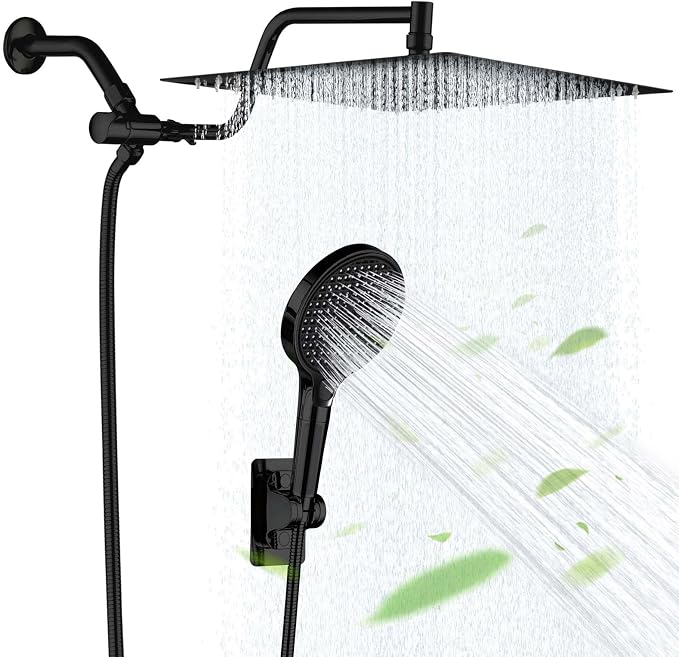 Rainfall Shower Head,12 Inch Rain High Pressure Shower Head with Spray Combo,14 Inch Adjustable Extension Arm and 3 Spray Filtered Shower Head with Filters,79 Inch Long Shower Hose,Matte Black